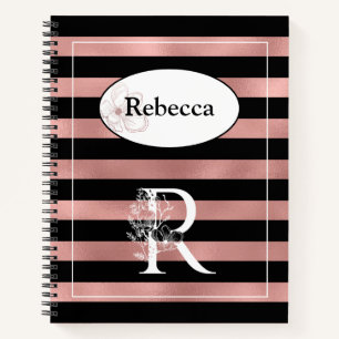 Personalised Rose Gold Stripes with Initial R Notebook