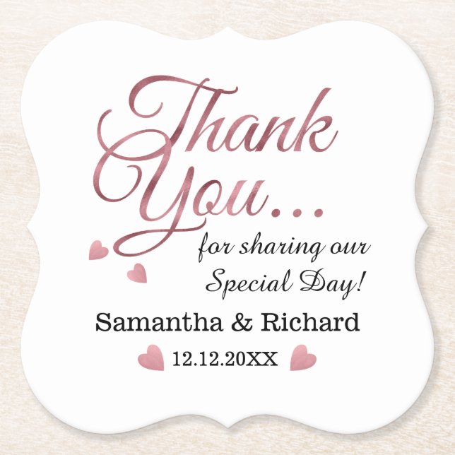 Personalised Rose Gold Thank You Wedding Favour  Paper Coaster (Front)