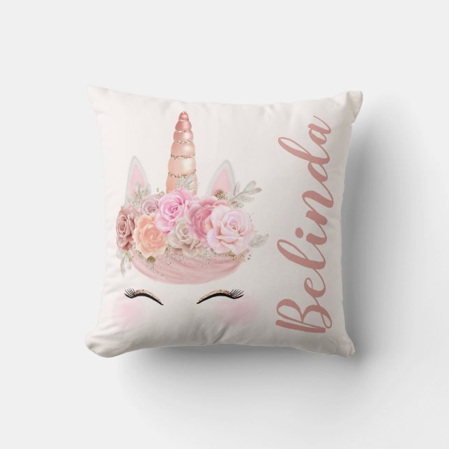 Personalised Rose Gold Unicorn Floral Cushion (Front)