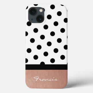Personalised Rose Gold White and Black Polka Dot iPhone 13 Case