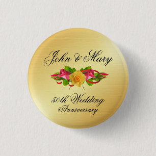 Personalised Roses & Gold 50th Wedding Anniversary 3 Cm Round Badge