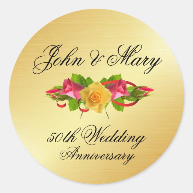 Personalised Roses & Gold 50th Wedding Anniversary Classic Round Sticker (Front)