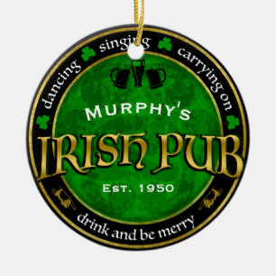 Personalised, Round Irish Pub Logo Ceramic Tree Decoration