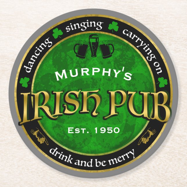 Personalised, Round Irish Pub Logo Round Paper Coaster (Front)