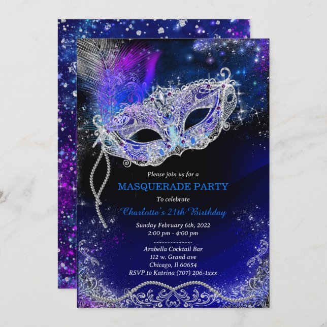 Personalised Royal Blue  Birthday Masquerade Invitation (Front/Back)