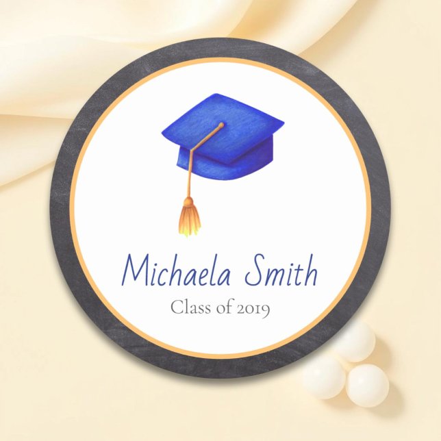 Personalised Royal Blue Graduation Cap Classic Round Sticker (Creator Uploaded)