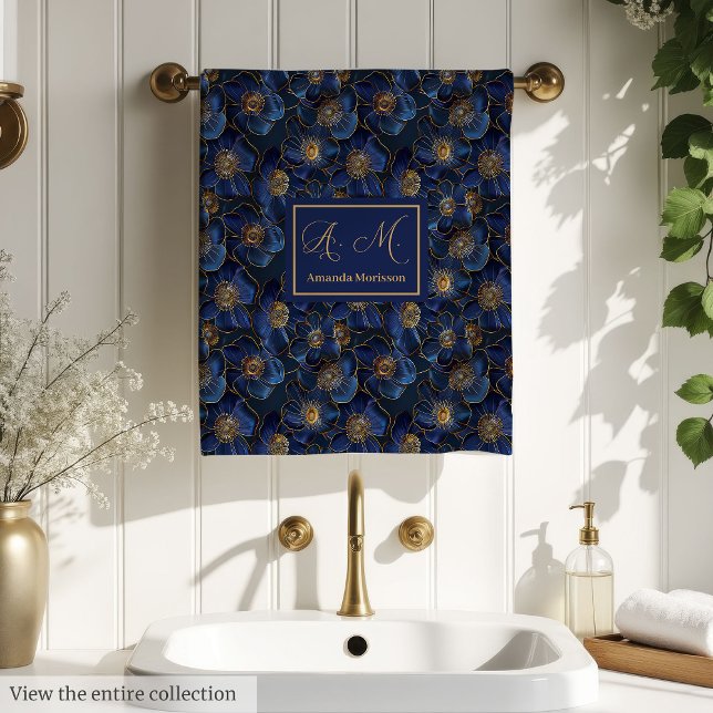 Personalised Royal Blue Towels Chic Gold Flower (Personalized Royal Blue Towels Chic Gold Flower)