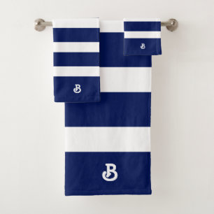 Personalised Royal Blue & White Stripes Pattern Bath Towel Set