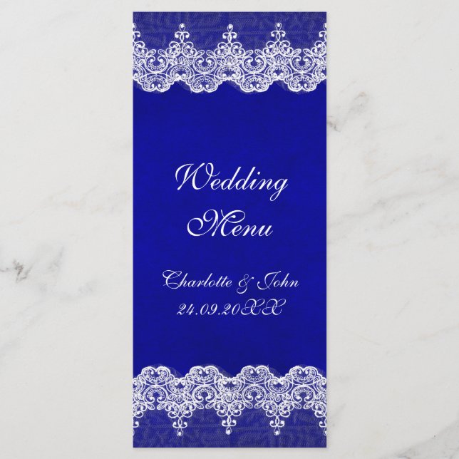 Personalised Royal Cobalt Lace Wedding Menu (Front)