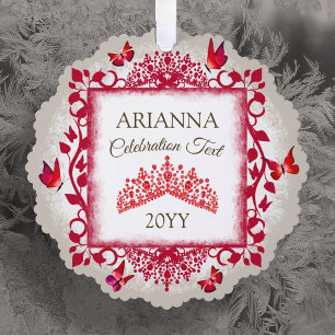 Personalised Ruby Red Tiara & Butterflies Tree Decoration Card