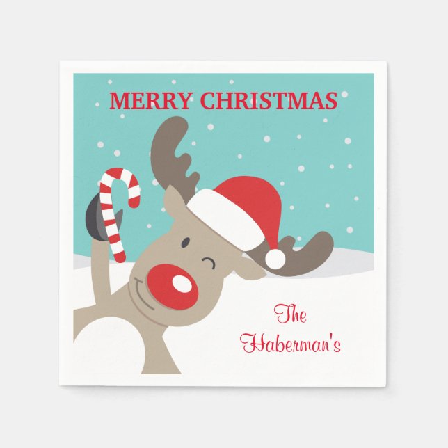 Personalised Rudolph Reindeer with Candy Cane Napkin (Front)