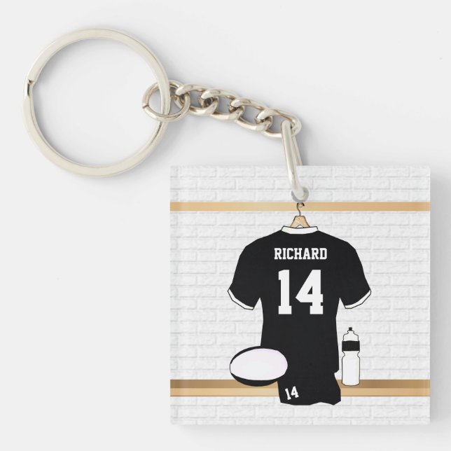 Personalised Rugby Jersey Black and White Key Ring (Front)