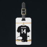 Personalised Rugby Jersey Black and White Luggage Tag<br><div class="desc">Personalise this unique and fun rugby sports design with a black and white rugby jersey hanging in a changing room with a rugby ball and water bottle which is fully customisable with your own name and number. A pair of rugby shorts are on the bench and can be customised with...</div>