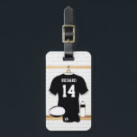 Personalised Rugby Jersey Black and White Luggage Tag<br><div class="desc">Personalise this unique and fun rugby sports design with a black and white rugby jersey hanging in a changing room with a rugby ball and water bottle which is fully customisable with your own name and number. A pair of rugby shorts are on the bench and can be customised with...</div>