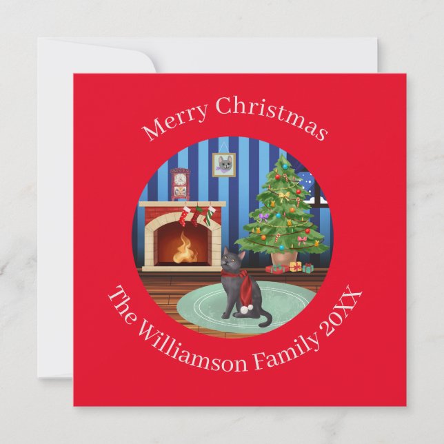 Personalised Russian Blue Kitty Cat Holiday Card (Front)