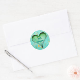 Personalised Rustic Aqua Green Heart Classic Round Sticker