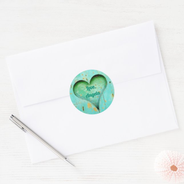 Personalised Rustic Aqua Green Heart Classic Round Sticker (Envelope)