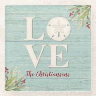 Personalised Rustic Beach Sand Dollar Square Glass Coaster