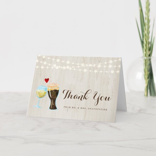 Personalised Rustic Beer & Wine Wedding Thank You Card (Front)