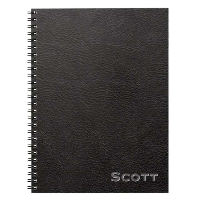 Personalised Rustic Black Leather Masculine Spiral Notebook (Front)