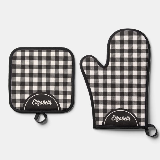 Personalised Rustic Black White Buffalo Plaid Oven Mitt & Pot Holder Set (Front)