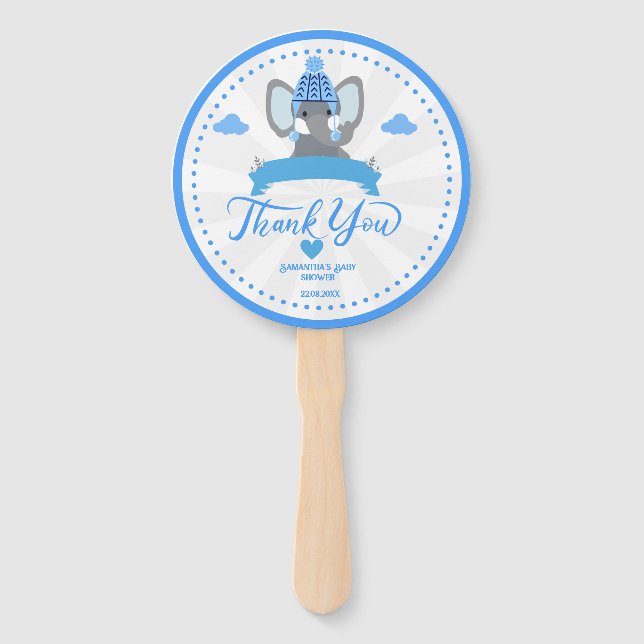 Personalised Rustic Blue Elephant  boy Baby Shower Hand Fan (Front)