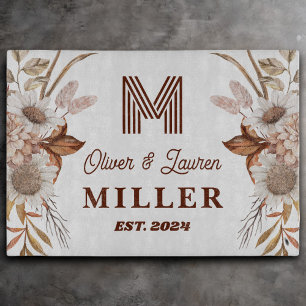 Personalised Rustic Boho Floral Monogram Couple Cutting Board