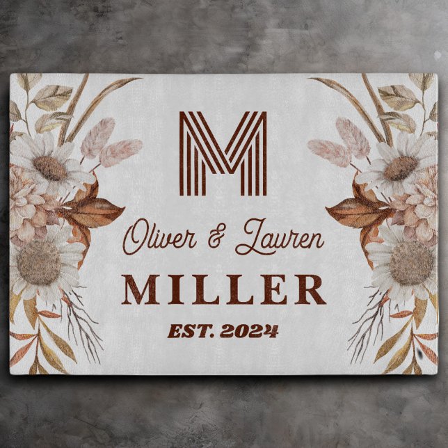 Personalised Rustic Boho Floral Monogram Couple Cutting Board (Creator Uploaded)
