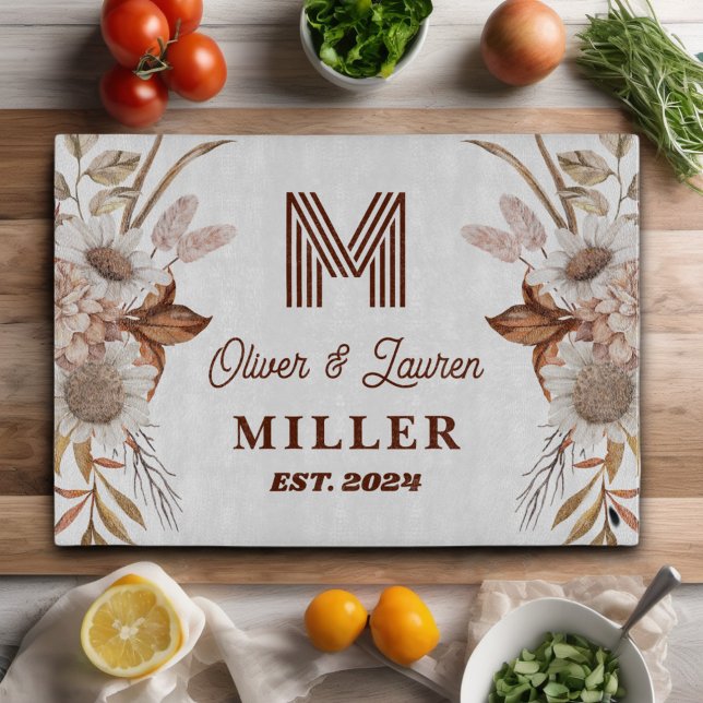 Personalised Rustic Boho Floral Monogram Couple Cutting Board (Creator Uploaded)