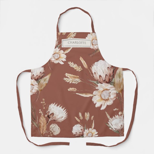 Personalised Rustic Boho Flowers Terracotta Apron (Front)
