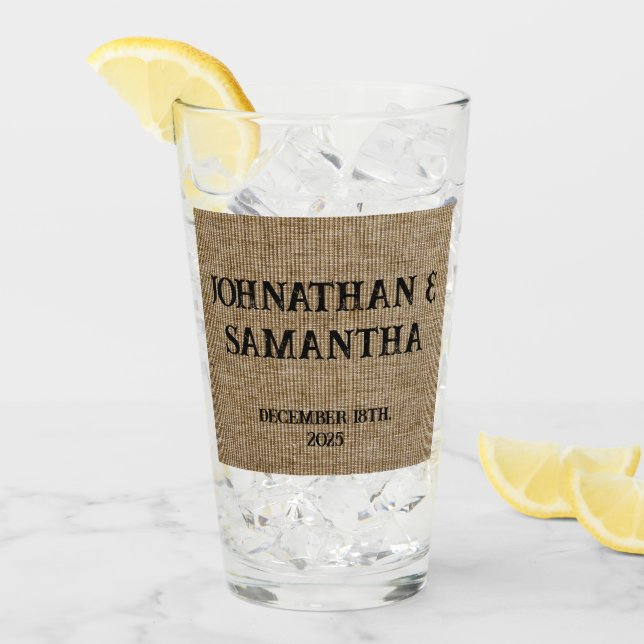 Personalised Rustic Burlap Wedding Glass – Custom  (Front Ice)