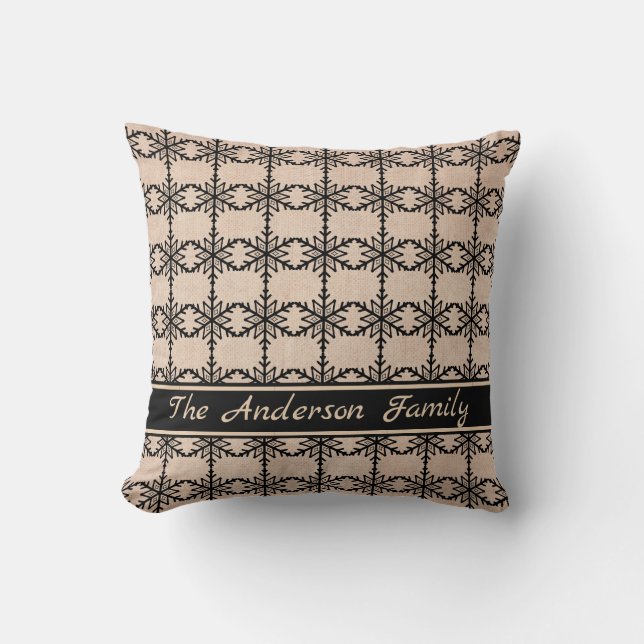 Personalised Rustic Burlap White Snowflake Pattern Cushion (Front)