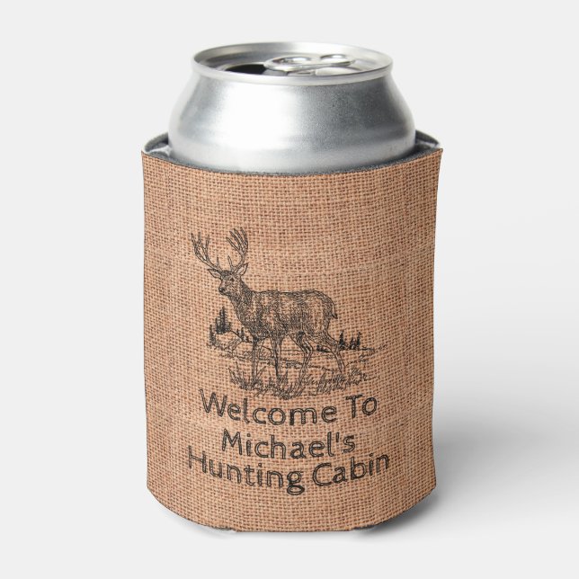 Personalised Rustic Burlap with Deer Illustration Can Cooler (Can Front)