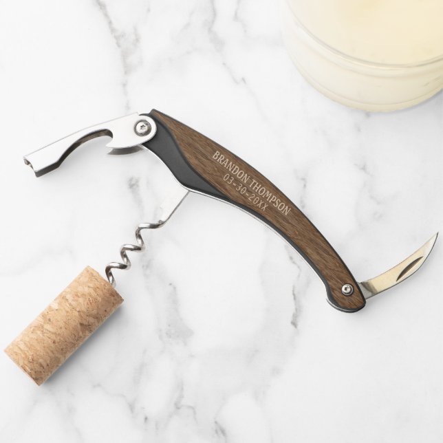 Personalised Rustic Chic Brown Wood Grain Corkscrew (Front)