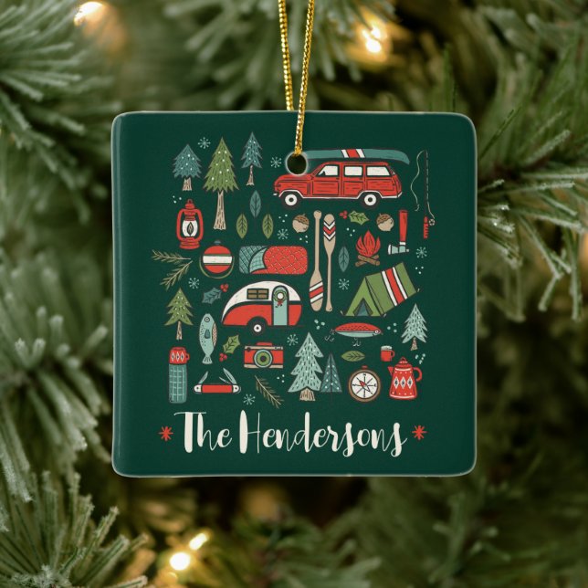 Personalised Rustic Christmas Camping Lake House Ceramic Ornament (Tree)