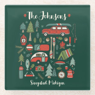 Personalised Rustic Christmas Camping Lake House Glass Coaster