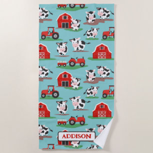 Personalised Rustic Cow Farm Blue and Red Kids Beach Towel