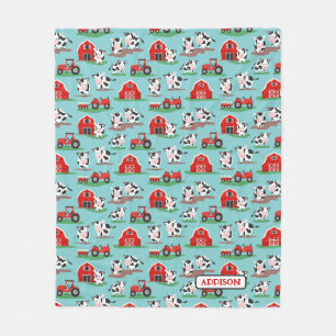 Personalised Rustic Cow Farm Blue and Red Kids Fleece Blanket