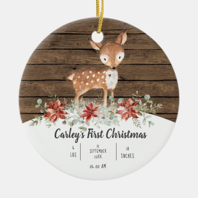 Personalised Rustic Deer Baby First Christmas Cera Ceramic Tree Decoration (Front)