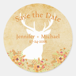 Personalised Rustic Deer Bouquet Save the Date Classic Round Sticker