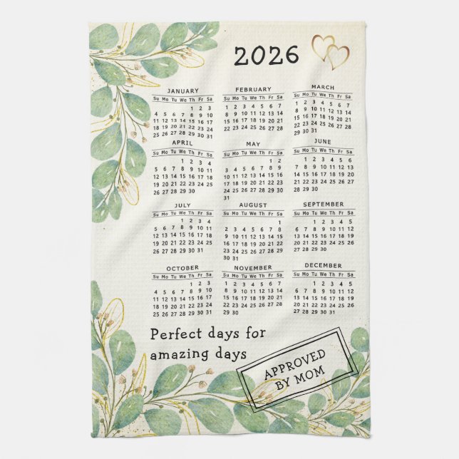 Personalised Rustic Eucalyptus 2026 Calendar Tea Towel (Vertical)