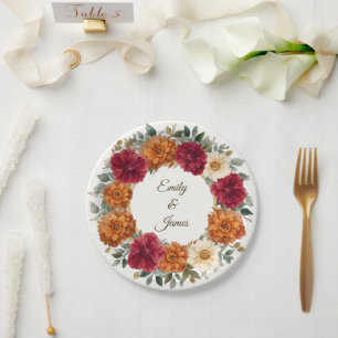 Personalised Rustic Fall Floral Wedding  Paper Plate