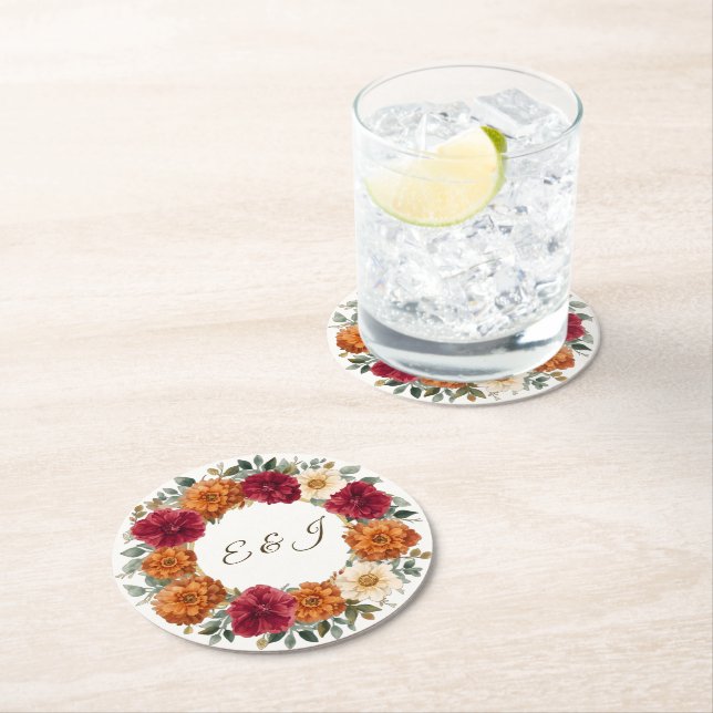 Personalised Rustic Fall Floral Wedding Round Paper Coaster (Insitu)