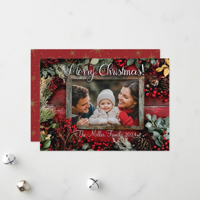 Personalised Rustic Family Christmas Photo Card (Front/Back In Situ)