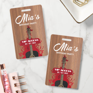 Personalised Rustic Guitar VIP Birthday Party Pass ID Badge