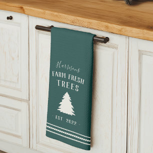 Personalised Rustic Holiday Farm Fresh Trees Tea Towel