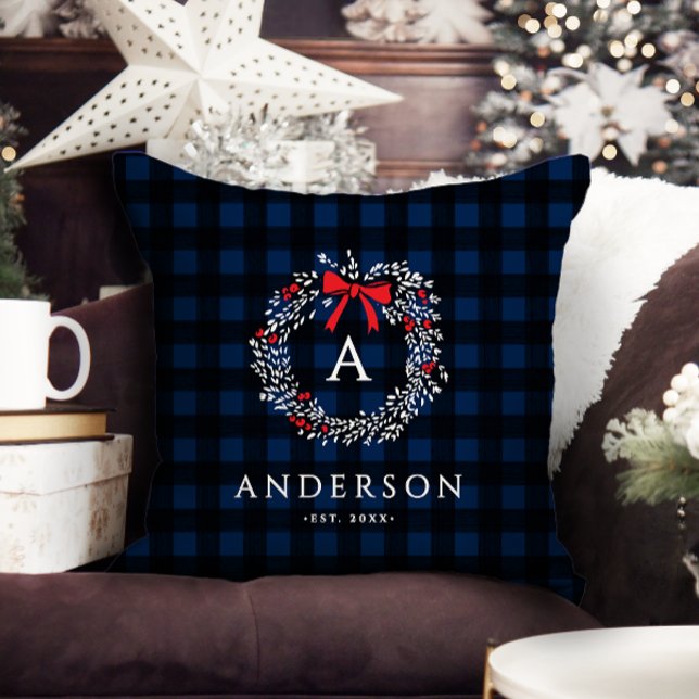 Personalised Rustic Holiday Wreath Buffalo Plaid Cushion (Creator Uploaded)