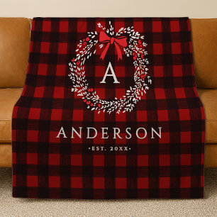 Personalised Rustic Holiday Wreath Buffalo Plaid Fleece Blanket