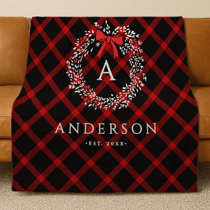 Personalised Rustic Holiday Wreath Buffalo Plaid Fleece Blanket