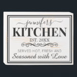 Personalised Rustic Kitchen Farmhouse Wooden Box Sign<br><div class="desc">Rustic farmhouse style wooden box sign featuring a traditional double border,  the cook/chefs name,  year established,  and a cute kitchen quote that reads "served hot,  fresh and seasoned with love".</div>